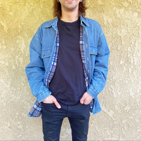 Wolverine Other - Wolverine mens plaid fleece lined denim chambray jean shirt jacket shacket Sz L